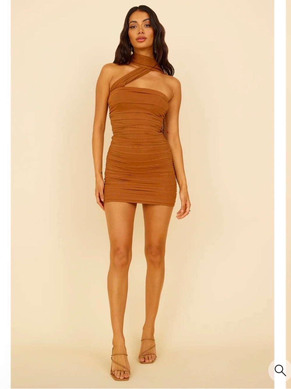 Brown One-Shoulder Ruched Mini Dress - Picture 5 of 9